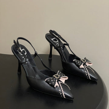 CD 26 D'trick Slingback Heels 10CM Black Bow Detail Sheepskin 632583