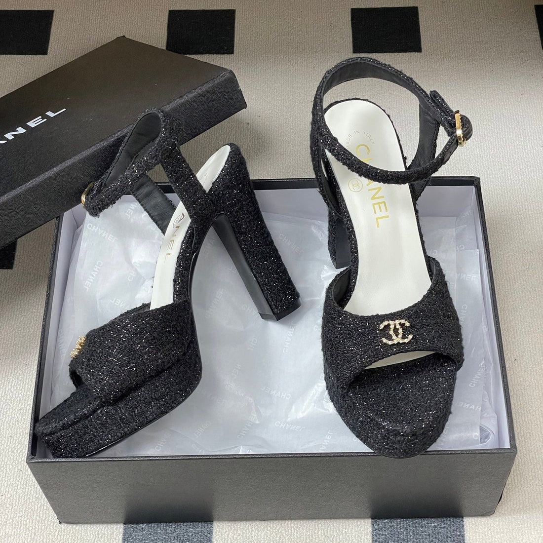 CC 26SS Platform Sandals 120MM Black Double C Tweed 632570