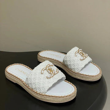 CC 26S Flat Slippers White Gold Fabric Sheepskin 649486