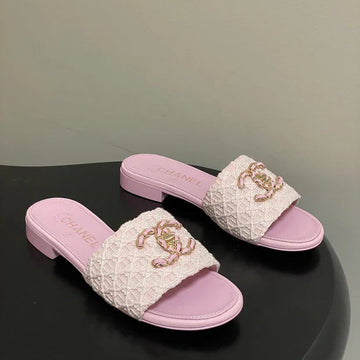 CC 26S Flat Slippers Pink Fabric Sheepskin 649488