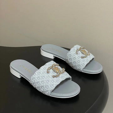 CC 26S Flat Slippers Gray Fabric Sheepskin 649489