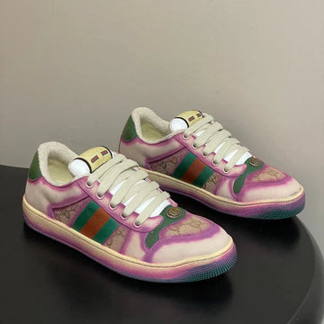 GG 26SS Screener Sneaker Beige Purple Green Fabric Calfskin 697904