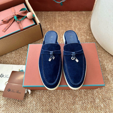 Loro Piana Charms Walk Flat Mules Dark Blue Suede 623553