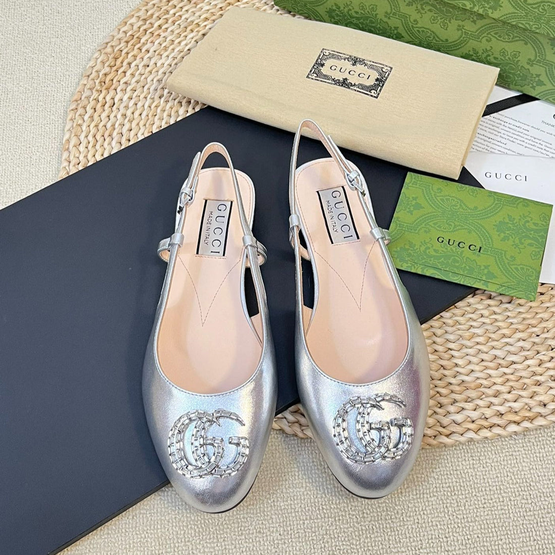 GG Double G Patent Leather Slingback Ballet Flats Sliver