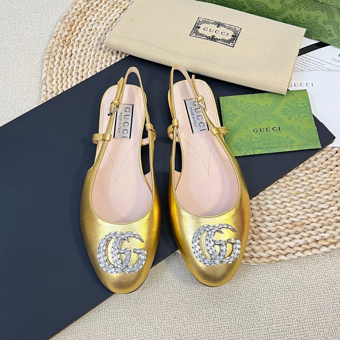 GG Double G Patent Leather Slingback Ballet Flats Gold