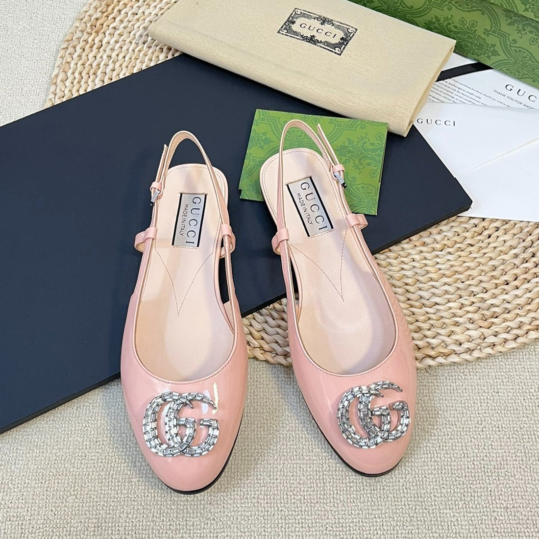 GG Double G Patent Leather Slingback Ballet Flats Glossy Rose Pink