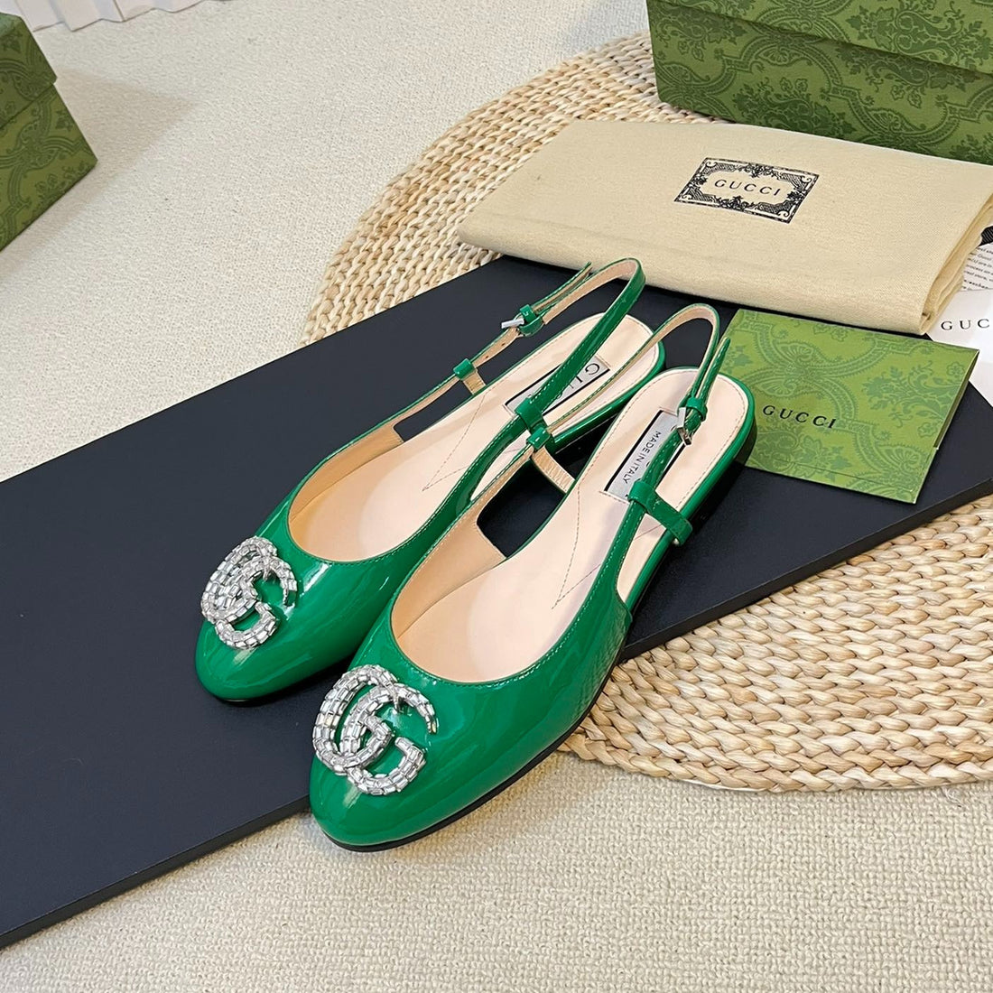 GG Double G Patent Leather Slingback Ballet Flats Glossy Forest Green