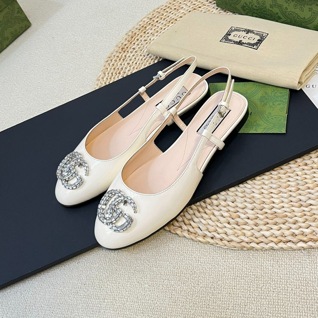 GG Double G Patent Leather Slingback Ballet Flats Glossy White