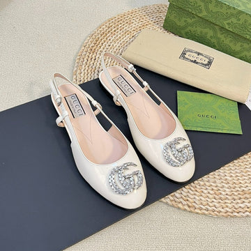 GG Double G Patent Leather Slingback Ballet Flats Glossy White