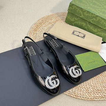 GG Double G Patent Leather Slingback Ballet Flats Glossy Black