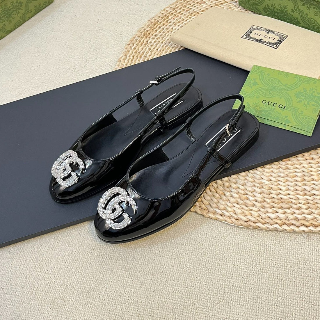 GG Double G Patent Leather Slingback Ballet Flats Glossy Black
