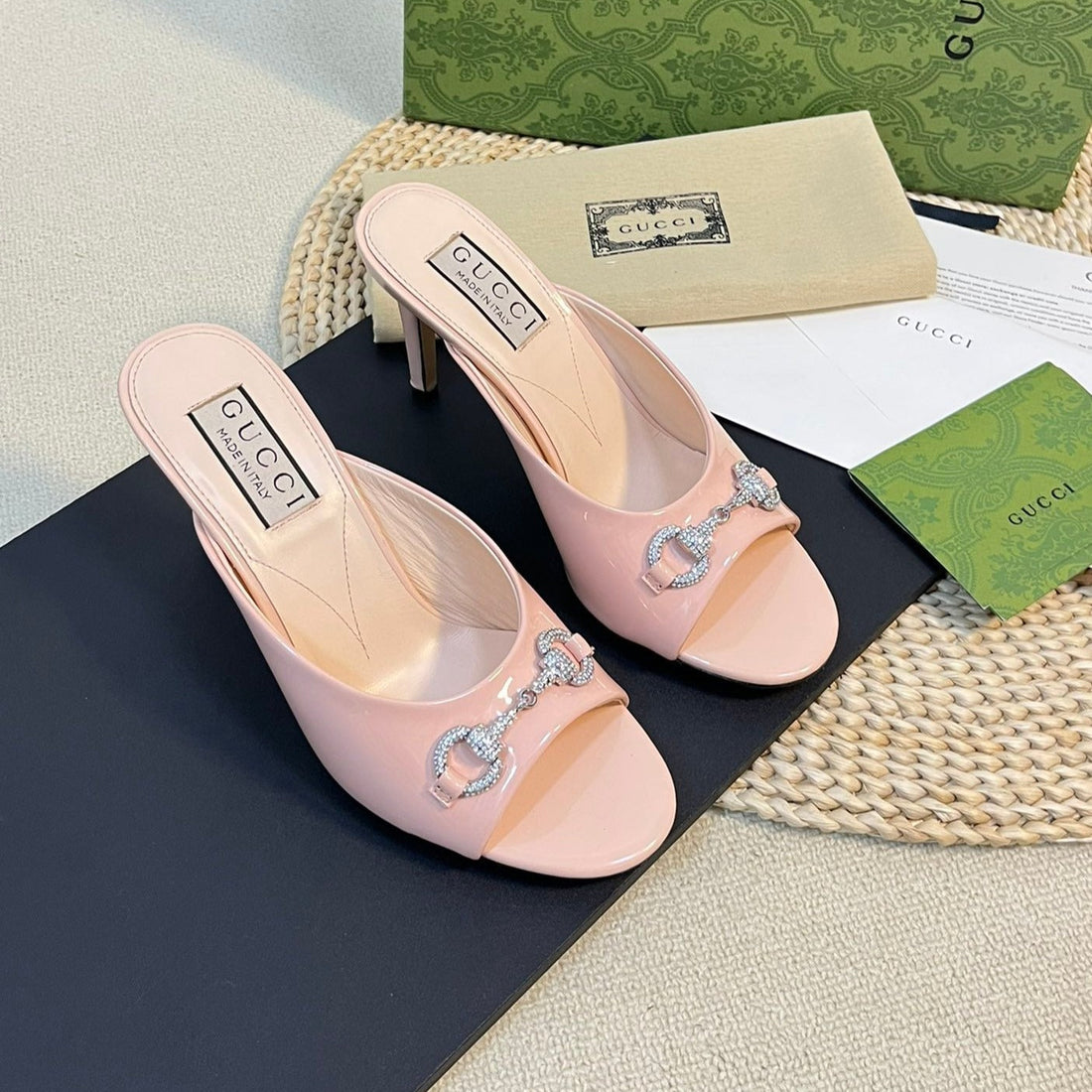 GG Women's Horsebit Mid-Heel Slide Sandal In Glossy Rose Pink