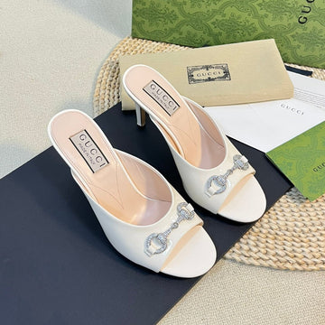 GG Women's Horsebit Mid-Heel Slide Sandal In Glossy White Leather
