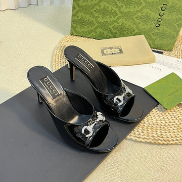 GG Women's Horsebit Mid-Heel Slide Sandal In Glossy Black Leather
