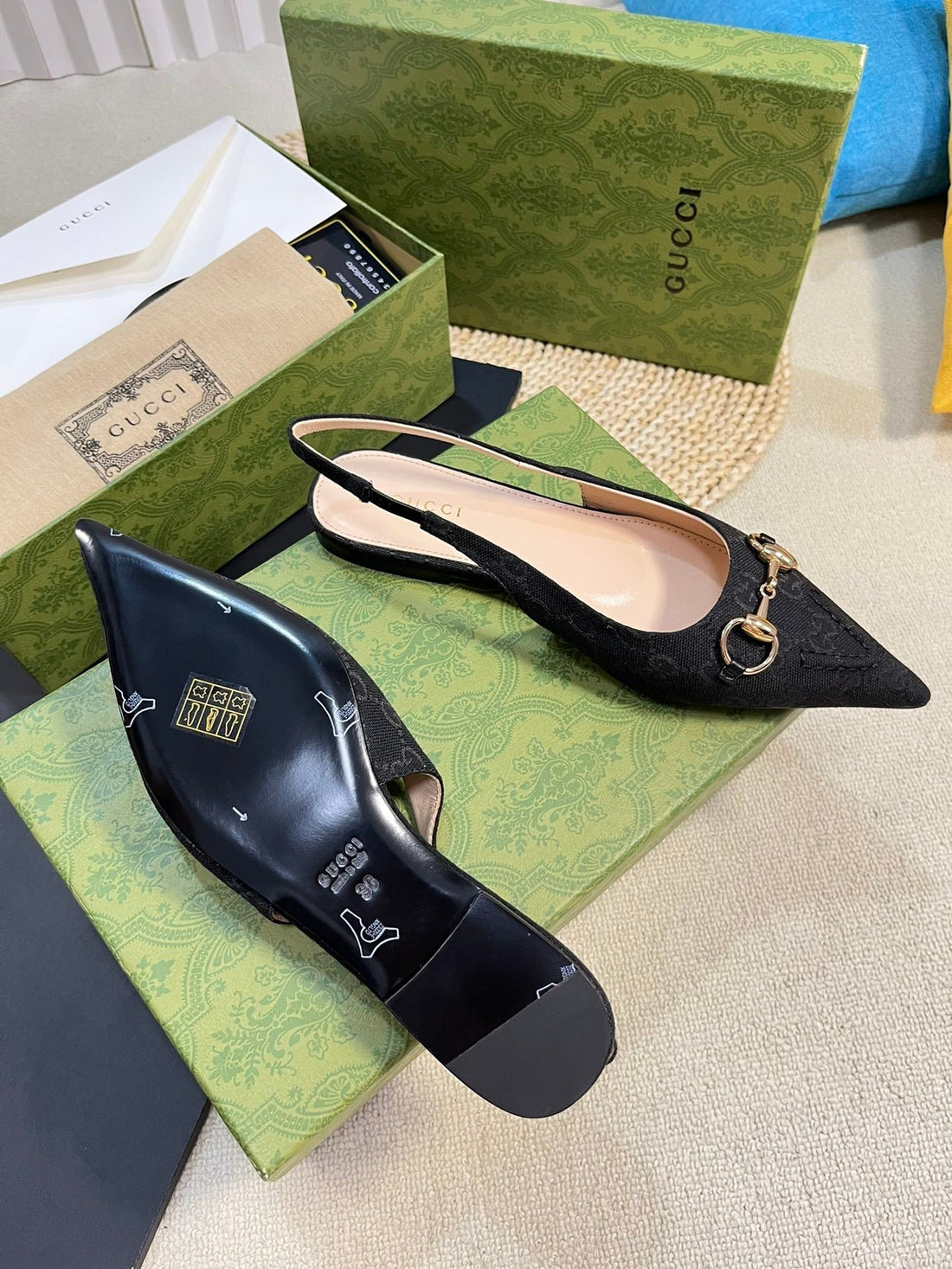 Gc Horsebit Slingback Pump 10MM Black Canvas Sheepskin 294552