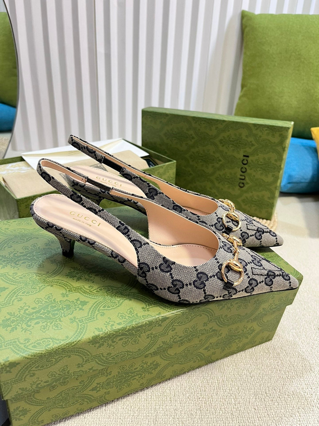 Gc Horsebit Slingback Pump 50MM Beige Mix Blue Canvas Sheepskin 294559