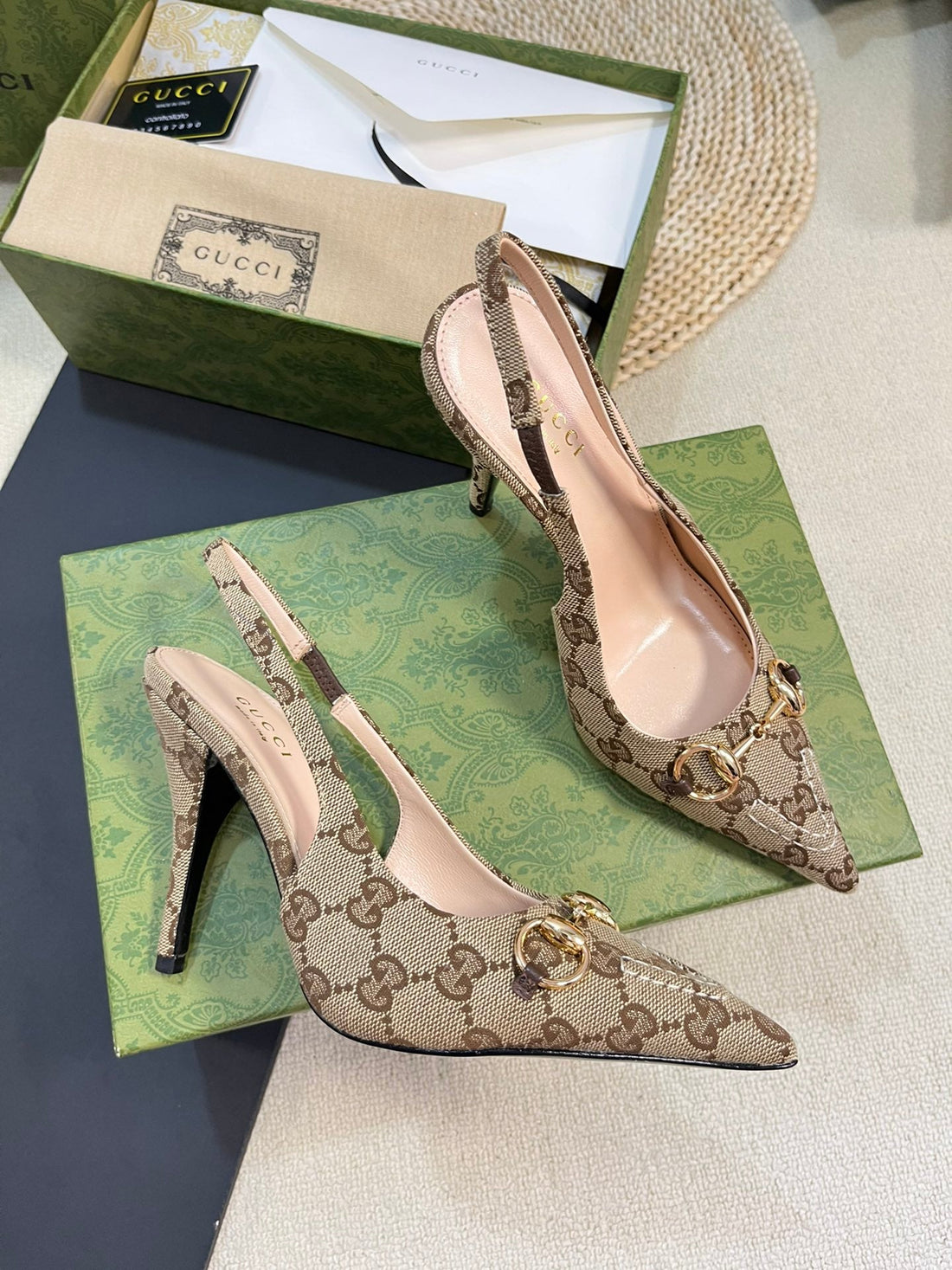 Gc Horsebit Slingback Pump 100MM Beige Mix Blue Canvas Sheepskin 294565