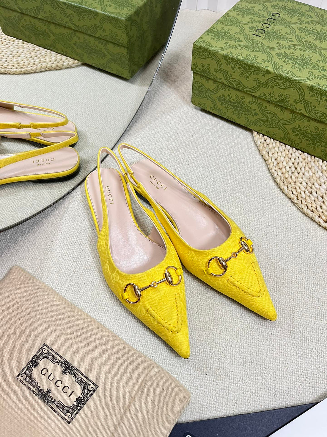 Gc Horsebit Slingback Pump 10MM Yellow Canvas Sheepskin 294541
