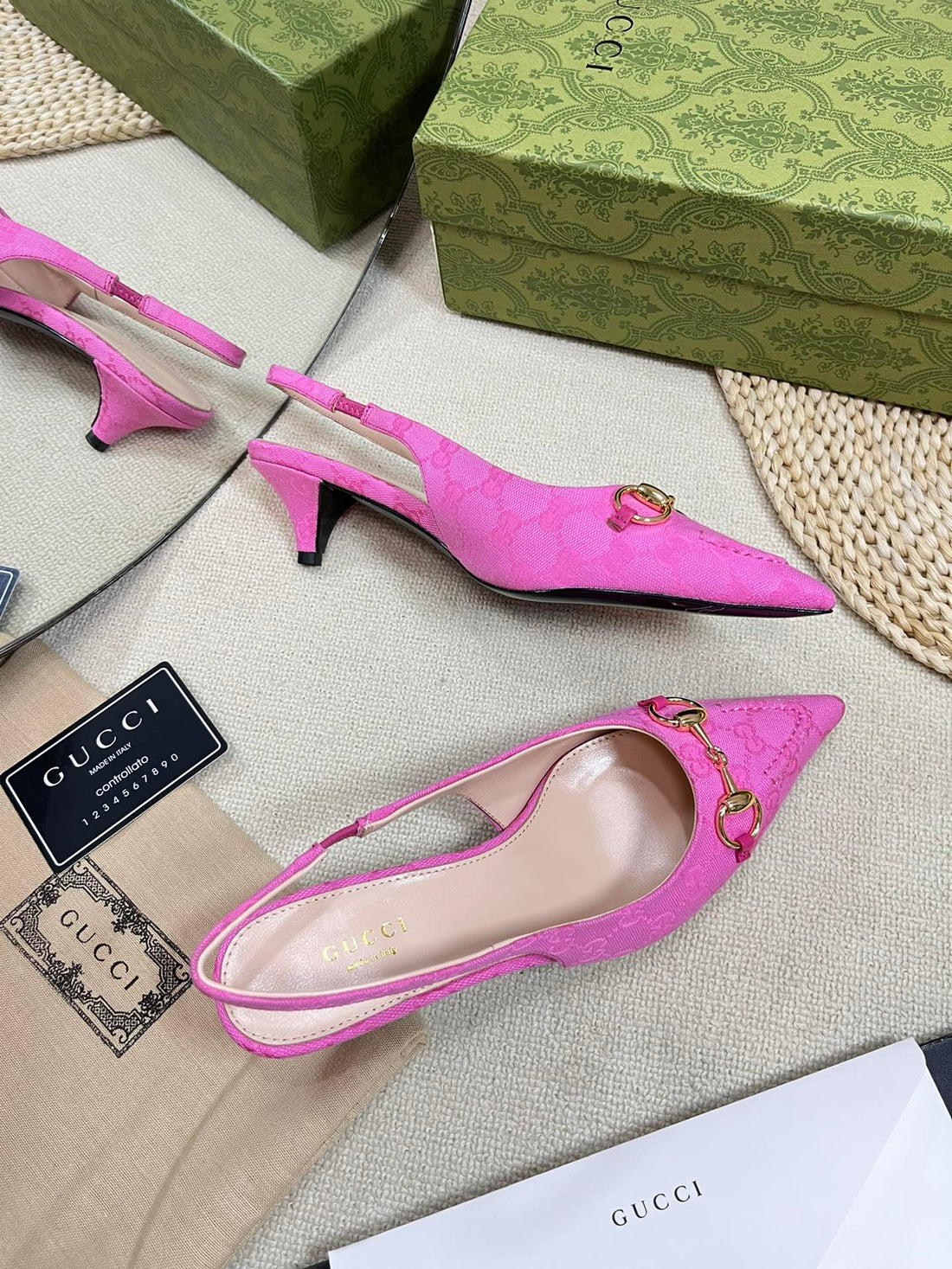 Gc Horsebit Slingback Pump 50MM Pink Canvas Sheepskin 294547