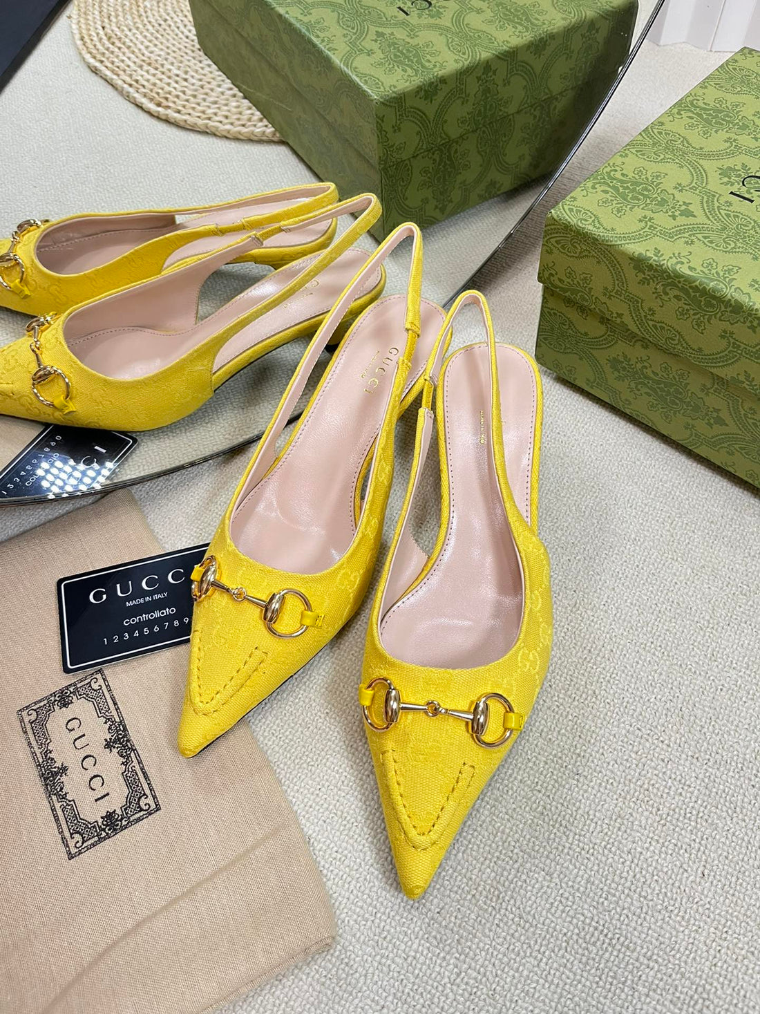 Gc Horsebit Slingback Pump 50MM Yellow Canvas Sheepskin 294545