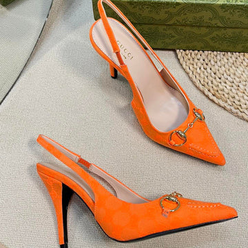 Gc Horsebit Slingback Pump 100MM Orange Canvas Sheepskin 294548