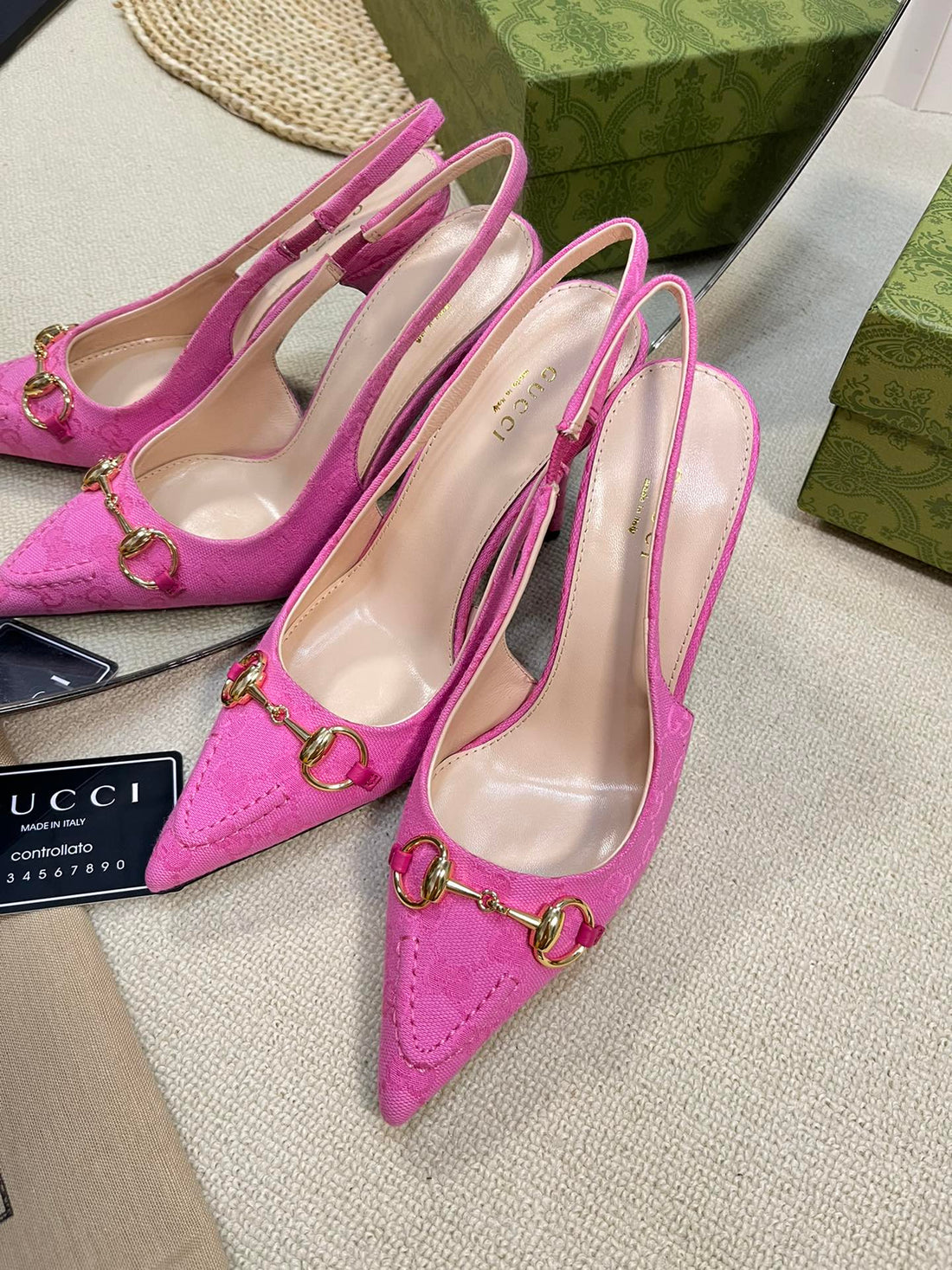 Gc Horsebit Slingback Pump 100MM Pink Canvas Sheepskin 294551