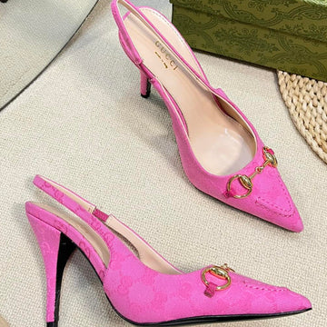 Gc Horsebit Slingback Pump 100MM Pink Canvas Sheepskin 294551