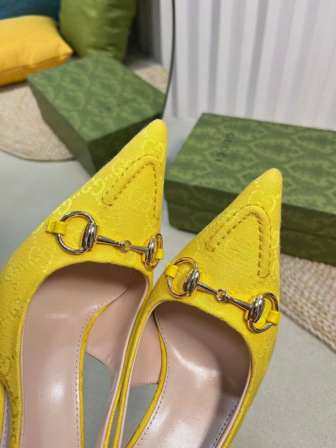 Gc Horsebit Slingback Pump 100MM Yellow Canvas Sheepskin 294549