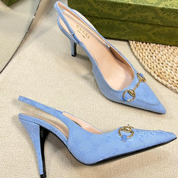 Gc Horsebit Slingback Pump 100MM Blue Canvas Sheepskin 294550