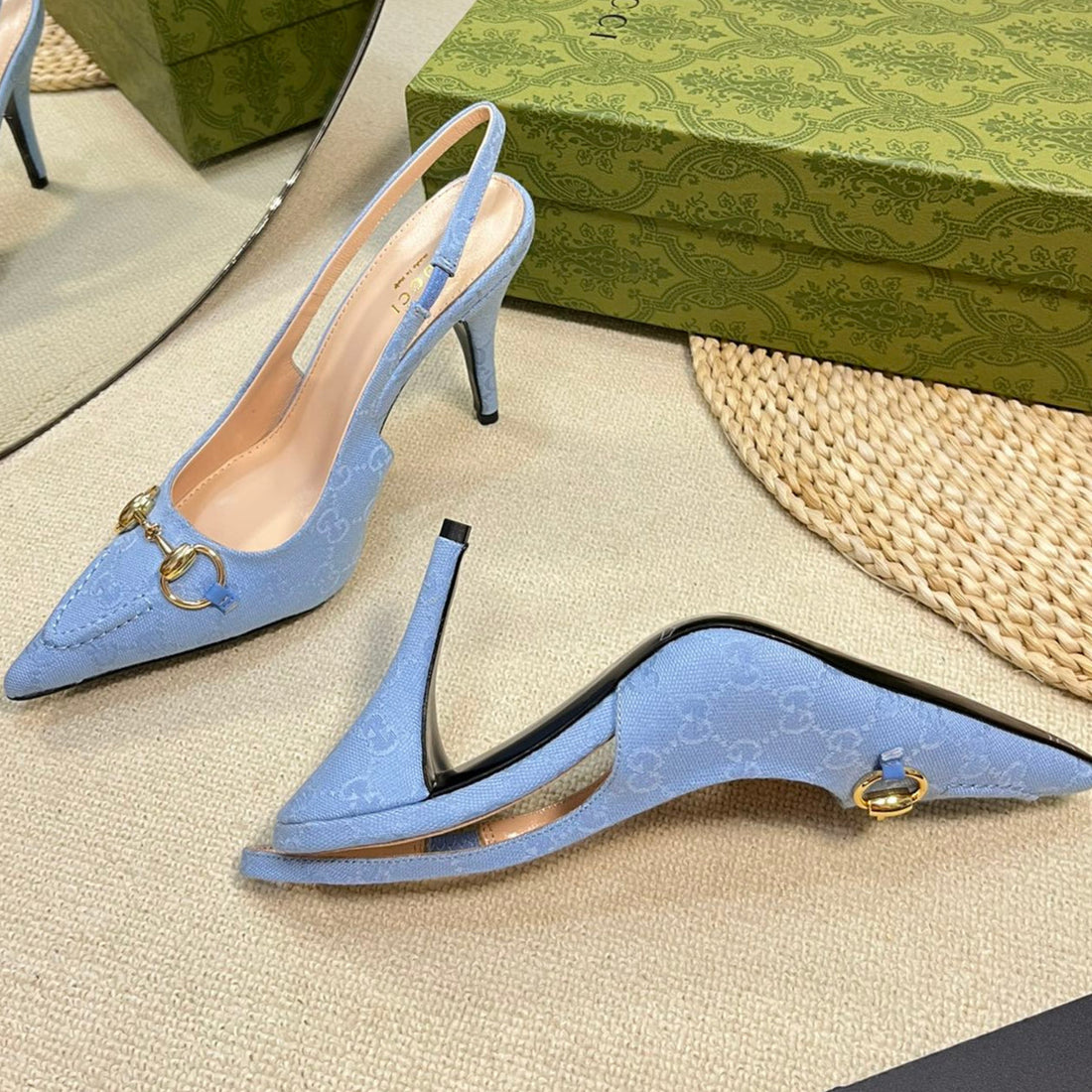 Gc Horsebit Slingback Pump 100MM Blue Canvas Sheepskin 294550