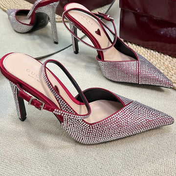 Gc Crystal-Embellished Slingbacks Red Silk Sheepskin 294609