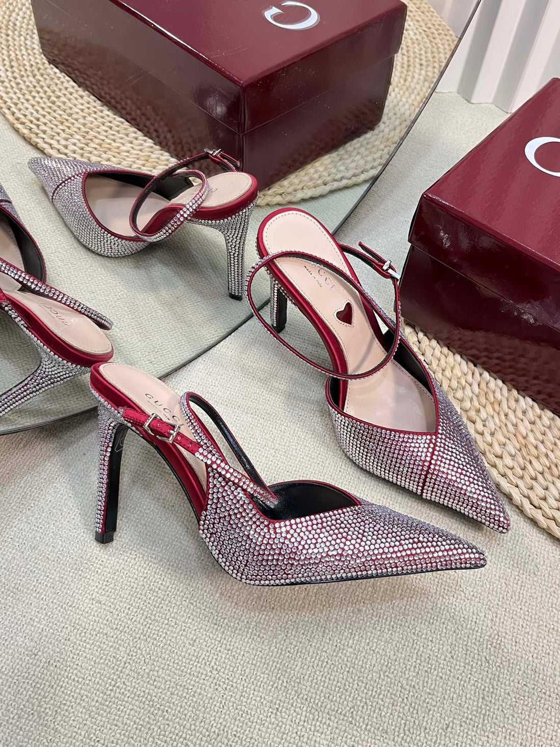 High Slingback 10 Cm In Cherry Red Silk With Full Rhinstones