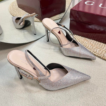 High Slingback 10 Cm In Beige Silk With Full Rhinstones