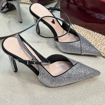 High Slingback 10 Cm In Black Silk With Full Rhinstones