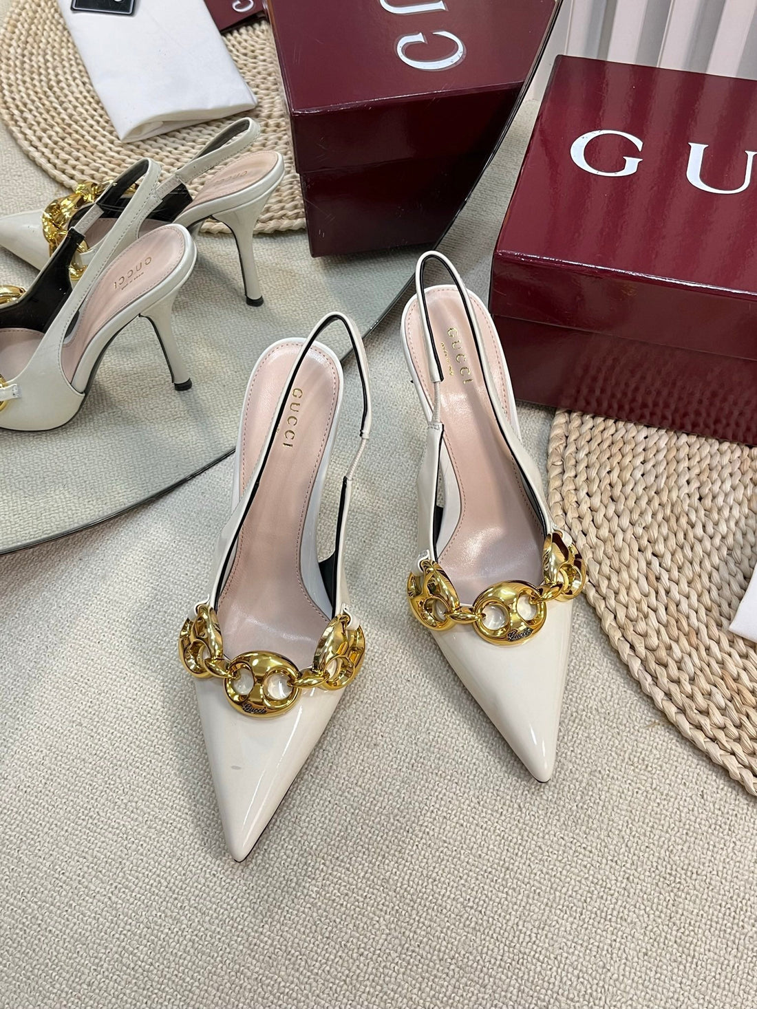 Gc Slingbacks With Marina Chain 100MM White Patent Leather 294586