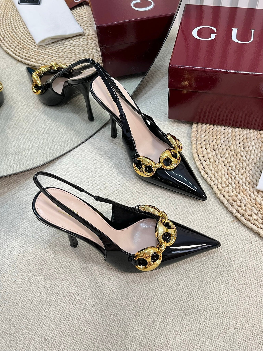 Gc Slingbacks With Marina Chain 100MM Black Patent Leather 294587