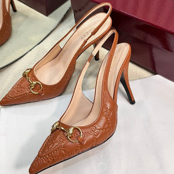 Gc Horsebit Slingback Pump 100MM Brown Embossed Sheepskin 294578
