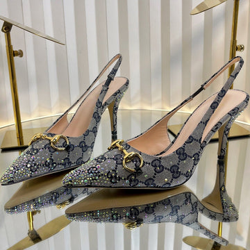 Gc Crystal Horsebit Slingback 100MM Beige Mix Blue Canvas Lambskin 294619