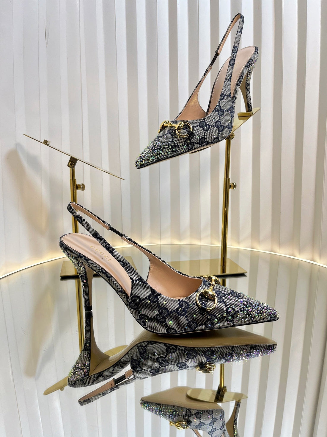 Gc Crystal Horsebit Slingback 100MM Beige Mix Blue Canvas Lambskin 294619