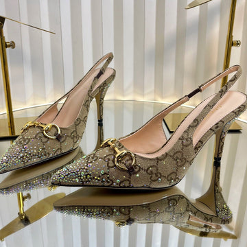 Gc Crystal Horsebit Slingback 100MM Beige Mix Ebony Canvas Lambskin 294620