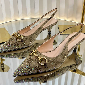Gc Crystal Horsebit Slingback 50MM Beige Mix Ebony Canvas Lambskin 294617