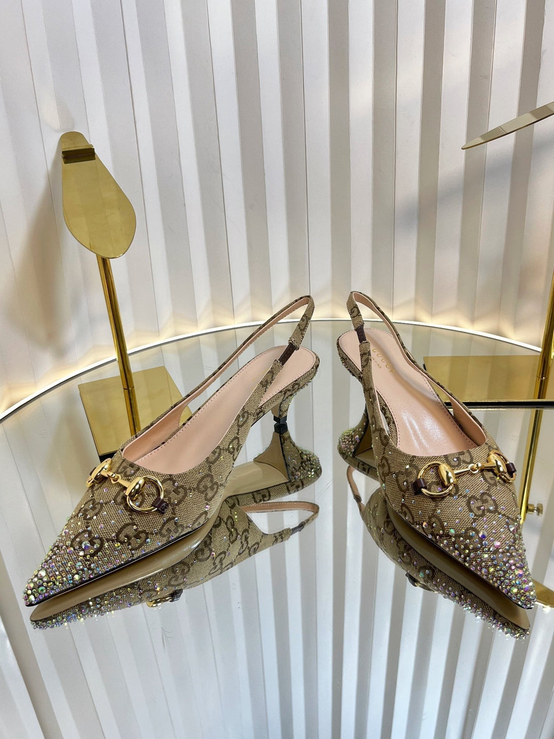 Gc Crystal Horsebit Slingback 50MM Beige Mix Ebony Canvas Lambskin 294617