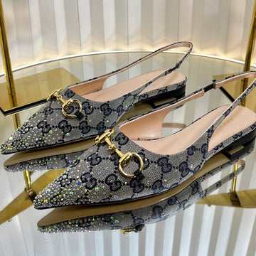 Gc Crystal Horsebit Slingback 10MM Beige Mix Blue Canvas Lambskin 294613