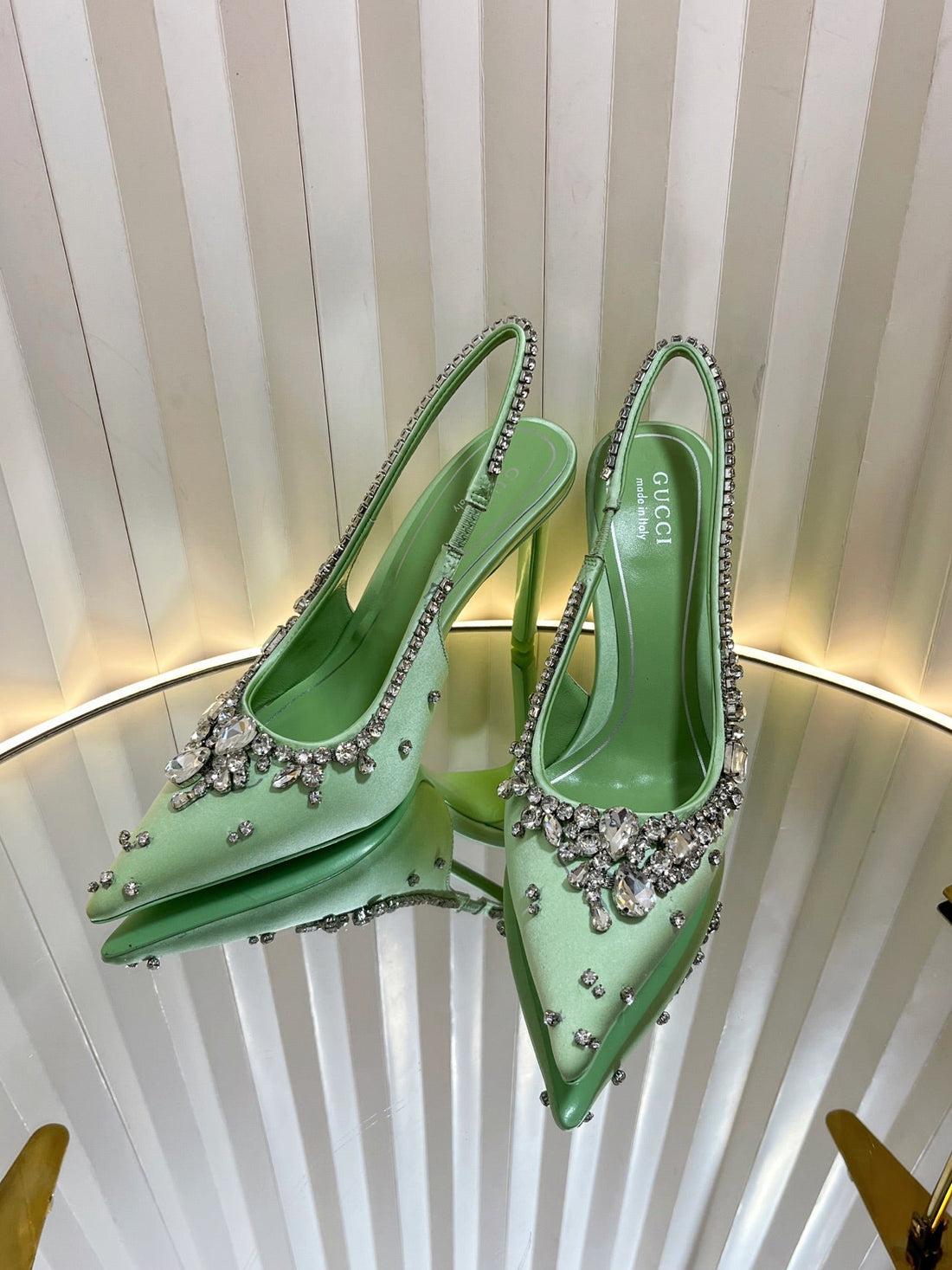 Gc 2025 Crystal Embellished High Heels Slingbacks Green Silk Sheepskin 294525