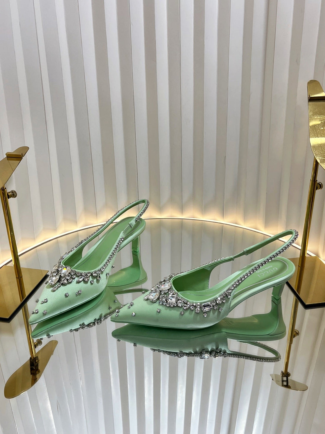 Gc 2025 Crystal Embellished 55MM High Heels Slingbacks Green Silk Sheepskin 294528