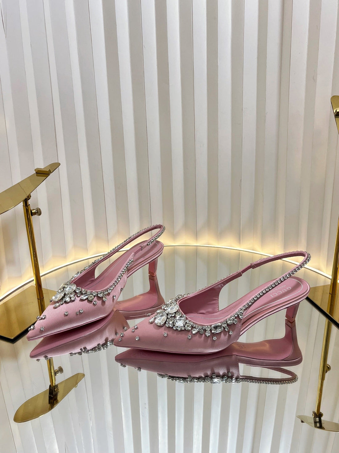 Gc 2025 Crystal Embellished 55MM High Heels Slingbacks Pink Silk Sheepskin 294527