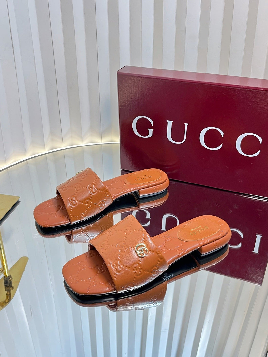 Gc Double G Slide Sandals Brown Embossed Leather 294631