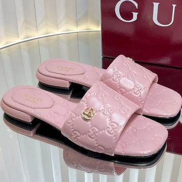 Gc Double G Slide Sandals Pink Embossed Leather 294633