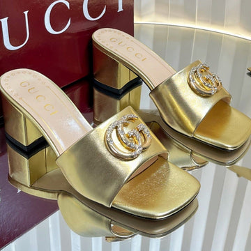 Gc 25 Interlocking G Heeled Sandal Gold Patent Leather 294639