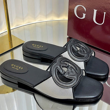 Gc 25 Interlocking G Slide Sandal Black Canvas Cowhide 294648